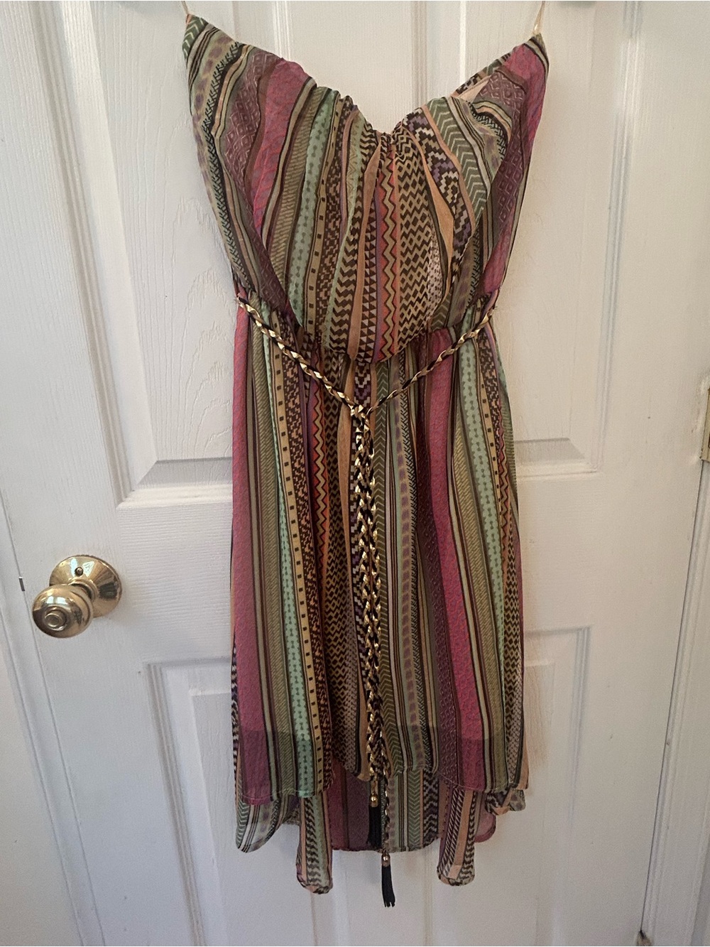 UK2LA Strapless Multicolor Striped Summer Dress with Braided Belt